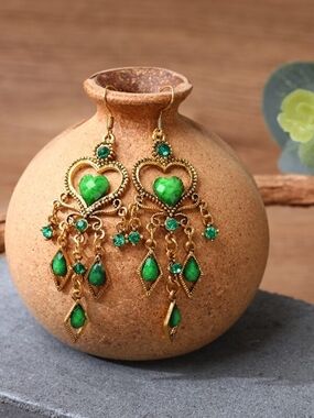 Exotic Gold-Tone Heart Chandelier Earrings with Green Stones